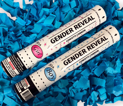 alt="gender reveal confetti cannon in blue for boys firework at nj fireworks store near nyc"